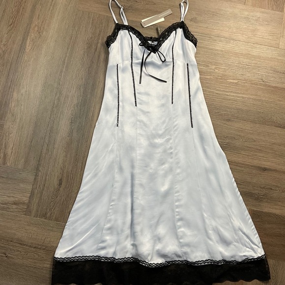 Anthropologie Dresses & Skirts - NWT By Anthropologie Satin Lace Trim Slip Midi Bow Dress Womens 00 Blue Coquette